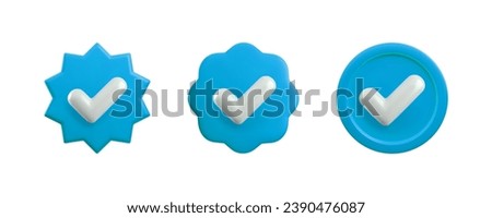 Vector 3d Blue Verified Badge realistic icons set. Trendy plastic round starburst and wavy badges with checkmark, approved icon on white background. Blue official tick button. 3d render yes sign.
