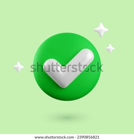 Vector 3d Check mark realistic icon. Trendy plastic checkmark concept, select icon with sparkles and shadow on green background. Green yes button. 3d render tick sign illustration for web, design, app