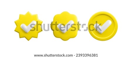 Vector 3d Yellow Check mark realistic icons set. Trendy plastic round starburst, wavy verified badge with checkmark, approved icon on white background. Gold official tick button. 3d render yes sign.