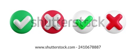 Vector 3d checkmarks icon set. Round glossy red, green and white yes tick and no cross buttons isolated on white background. Check mark and X symbol in circle shape realistic 3d render.