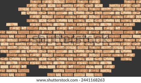 Vector realistic broken brown brick wall on black background. Holes in flat wall texture. Dark textured destroyed brickwork for web design, banner, background, wallpaper.