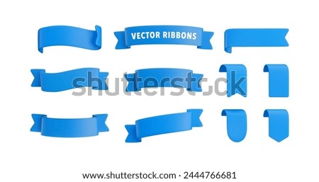 Vector Realistic 3d Ribbons and tags set. Cartoon 3d blue ribbons collection on white background. Vintage design element, decorative sticker. Cute folded ribbon for sale banner, advert, game, app