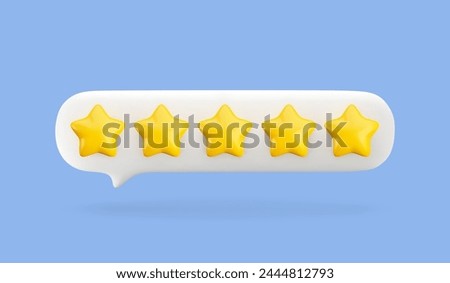 3d gold five stars in white speech bubble. Realistic render of customer review, best rating, positive feedback concept. 3d quality service symbol on blue background with shadow.