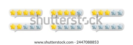 Vector 3d feedback bubbles set. Star rating system from 0 to 5 stars. Customer review gold and silver stars. One, two, three, four and five stars icons set.