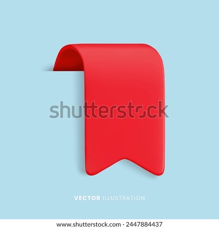 Vector Realistic 3d Red Ribbon on blue background. Vintage design element, decorative sticker with shadow. Cartoon 3d ribbon tag for sale banner, price tag, black friday advert, game, app, label.