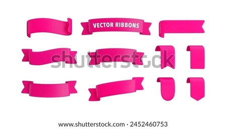 Vector Realistic 3d Ribbons and tags set. Cartoon 3d pink ribbons collection on white background. Trendy design element, decorative sticker. Cute folded ribbon for sale banner, advert, game, app.