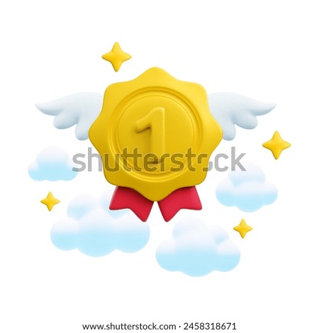 Vector cartoon 3d medal with number one, red ribbons, wings and clouds realistic icon. Trendy flying gold round first place award, cute winner badge sign. 3d render quality badge illustration.