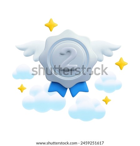 Vector cartoon 3d medal with number two, blue ribbons, wings and clouds realistic icon. Trendy flying silver round second place award, cute winner badge sign. 3d render quality badge illustration.