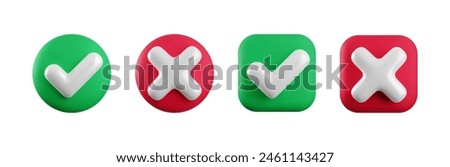 Vector 3d checkmarks icon set. Round and square glossy yes tick and no cross buttons isolated on white. Check mark and X symbol in green and red shape realistic 3d render. Right and wrong sign set.
