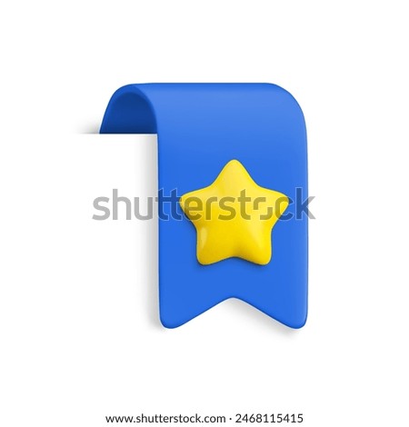 Vector Realistic 3d Blue Bookmark with gold star. Favorite icon design element, cute ribbon e-book sticker with shadow isolated on white. Cartoon 3d vertical ribbon tag, tape, add to bookmarks sign