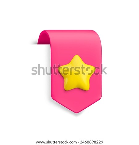 Vector Realistic 3d Pink Bookmark with gold star. Favorite icon design element, ribbon e-book sticker with shadow isolated on white. Cartoon 3d vertical ribbon tag, arrow tape, add to bookmarks sign.