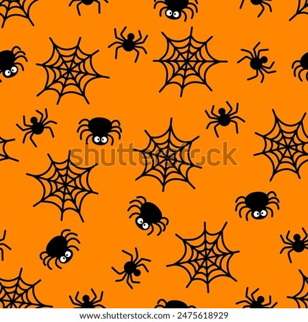 Cute Halloween spider seamless pattern. Vector black spiders and spiderweb on orange background. Creepy print for Halloween decoration, wallpaper, textile, wrapping, fabric.