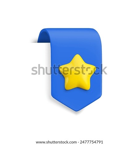 Vector Realistic 3d Blue Bookmark with gold star. Favorite icon design element, cute ribbon e-book sticker with shadow on white. Cartoon 3d vertical ribbon tag, arrow tape, add to bookmarks sign.