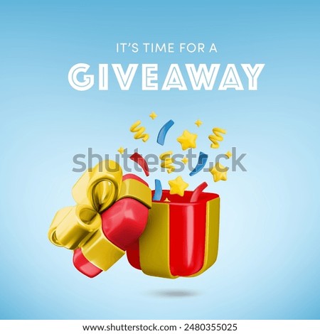 Vector Cartoon 3d giveaway banner with festive realistic gift box and confetti explosion inside on blue background. Gift offer promotion poster template. It's time for give away social media post.