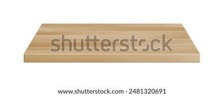 Wooden table surface perspective view. Vector realistic light brown plank tabletop isolated on white background. 3d interior design element. Wood board top, timber board shelf for mock up, design.