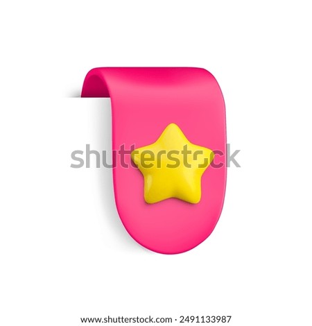 Vector Realistic 3d Pink Bookmark with gold star. Favorite icon design element, rounded ribbon e-book sticker with shadow isolated on white. Cartoon 3d vertical ribbon tag, add to bookmarks sign, tape