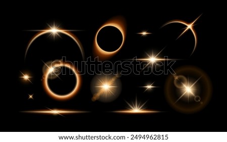 Realistic lens flare light overlay cosmic effect set. Total solar eclipse with shining star, glowing sunlight circle, dawn over the planet on black background. Vector light effects in black space.