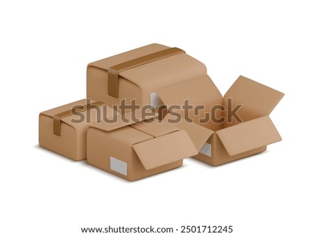 Vector cartoon 3d boxes pile illustration. Cute stack of opened and closed cardboard parcels with shadow on white. Realistic 3d warehouse packaging, storage, relocation, transportation concept.