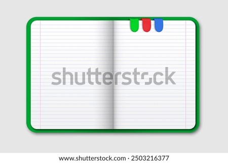 Realistic open green notebook isolated on grey background. Top view moleskin. Notebook with lined sheets and colorful type bookmarks. Vector illustration.