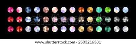 Metallic circle gradient color set. Colorful metal rose gold, chrome, bronze, silver, pearl, rainbow, green, blue swatches palette. Holographic conic gradient. Vector shiny multicolor background.