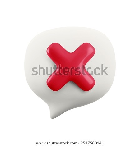 Vector cartoon minimal 3d white speech bubble with red cross x icon. Realistic render delete sign, not approved symbol, chat message error button, forbidden text symbol, social media failed comment