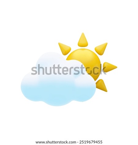 Vector cartoon 3d sun and cloud icon. Cute 3d Render partly cloudy day concept, sunny meteorological sign. Sun behind soft white fluffy cloud on white background for design, web, game, weather app