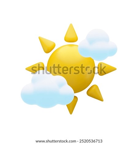 Vector cartoon 3d sun and clouds icon. Cute 3d Render partly cloudy day concept, sunny meteorological sign. Sun in soft white fluffy clouds on white background for design, web, game, weather app