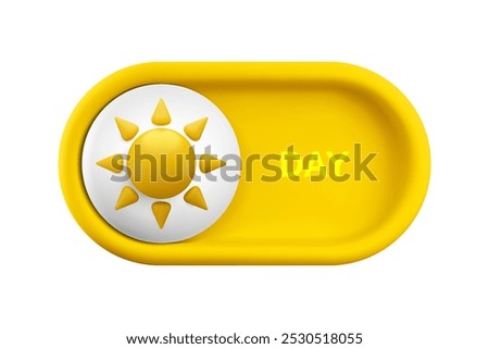 Vector cartoon 3d light theme on switch button. Cute realistic 3d yellow Day mode toggle switch slider with shiny sun icon. Funny design element for mobile app interface, web, game