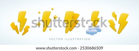 Vector cartoon 3d lightning flash concepts set. Cute realistic 3d render of thunder and bolt icon, energy power symbol, lightning sign with stars, clouds. For flash sale design, game, weather app.