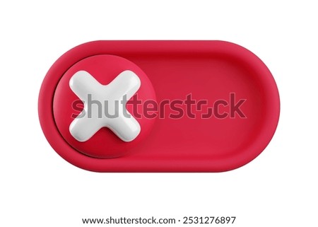 Vector cartoon 3d turn off switch button. Minimal realistic 3d red toggle switch slider with red cross icon. Setting toggle design element, off tumbler for mobile app interface, web, design.