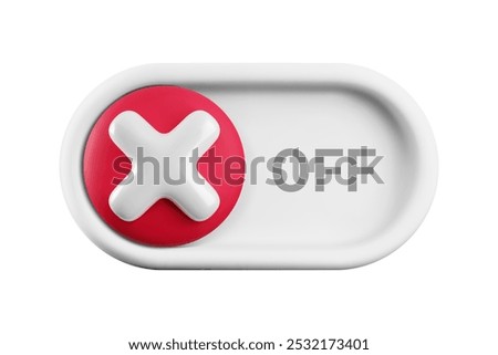 Vector cartoon 3d turn off switch button. Minimal realistic 3d white NO toggle switch slider with red cross icon. Setting toggle design element, off tumbler for mobile app interface, web.