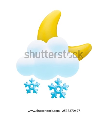 Vector cartoon 3d snowy night icon. Cute 3d render of glossy half moon behind the cloud and snowflakes. Realistic style cloudy crescent, good night illustration for weather app, game, decor.