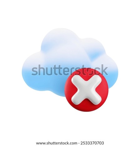 Vector cartoon 3d cloud computing error icon. Realistic render of cloud and red cross x sign. Wrong data storage concept, digital cloud technology online service failed sign, server disconnection.