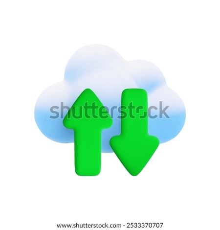 Vector cartoon 3d cloud computing icon. Realistic render of cloud, green upload and download arrows. Data storage concept, cloud technology online service sign, data transfer symbol, server connection