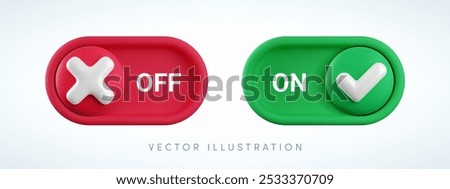 Vector cartoon 3d turn on and off switch button set. Cute realistic 3d toggle switch sliders with green yes checkmark and red cross icon. Setting toggle design element for mobile app interface, web.