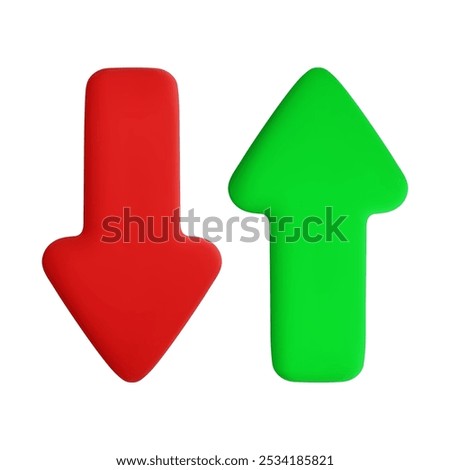 Vector cartoon 3d transfer icon. Cute realistic up down green and red arrow icon isolated on white background. 3d render exchange concept, plastic counter arrows for infographic, web, business app.