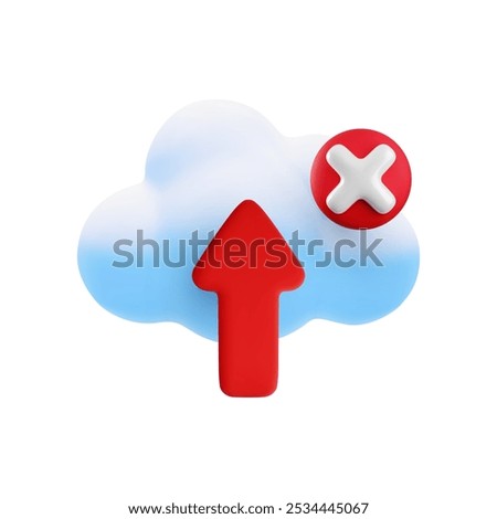 Vector cartoon 3d cloud computing error icon. Realistic render of cloud, upload arrow and red cross x sign. Digital cloud technology online service failed download sign, server disconnection concept.