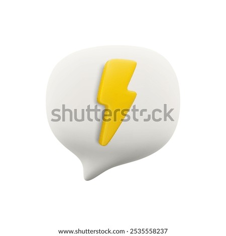 Vector cartoon minimal 3d white speech bubble with flash icon. Realistic render of chat messaging with lightning, urgent message, Breaking news symbol, announce in social media concept, fast message.