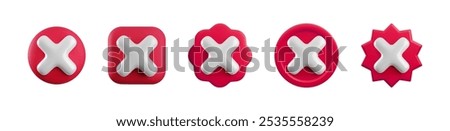 Vector 3d red cross x realistic icons set. Trendy plastic round, square, starburst and wavy wrong checkmark badge, delete sign, not approved icon, error, failed symbol. 3d render no sign for web, app.