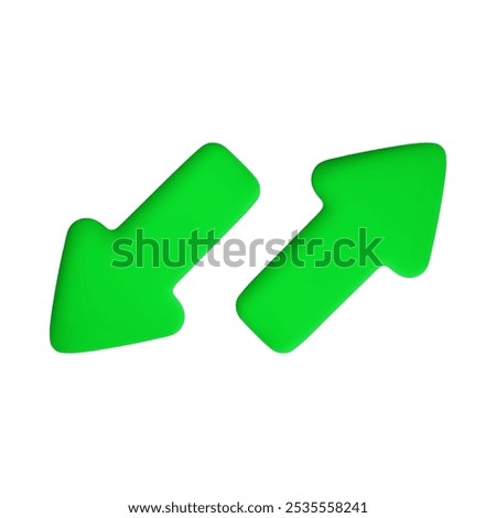 Vector cartoon 3d diagonal oncoming arrows. Cute realistic render of green up right and left down arrow different opposite direction. Input output process symbol, business or road sign.