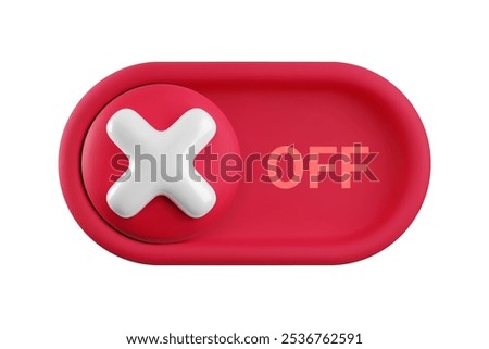 Vector cartoon 3d turn off switch button. Minimal realistic 3d red toggle switch slider with red cross icon and text OFF. Setting toggle design element, tumbler for mobile app interface design, web.