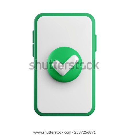 Vector cartoon 3d smartphone with white screen and green yes check mark button. Cute minimal realistic mobile phone 3d render confirm sign, approved or done task concept, operation completed symbol