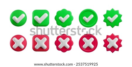 Vector 3d checkmarks icon set. Round, square, wavy, starburst yes tick and no cross buttons on white. Check mark and X symbol in green and red shape realistic 3d render. Right and wrong sign set.