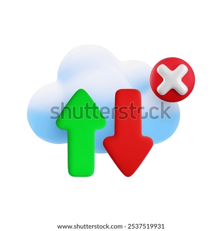 Vector cartoon 3d cloud computing error icon. Realistic render of cloud, upload download arrows and red cross x sign. Server disconnection concept, digital online cloud technology failed data transfer