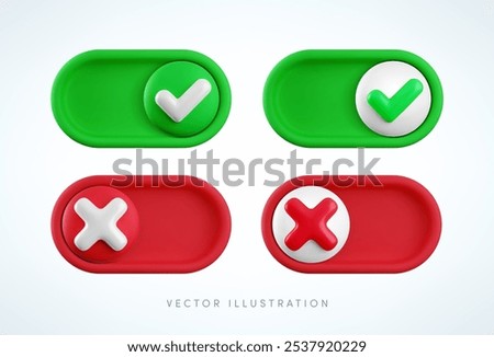 Vector cartoon 3d turn on and off switch button set. Cute realistic 3d toggle switch sliders with green yes checkmark and red cross icon. Setting toggle mobile app interface design element collection.