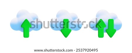 Vector cartoon 3d cloud computing icon set. Realistic render of cloud and green download, upload and data transfer arrows. Digital cloud storage technology online service, server connection symbol