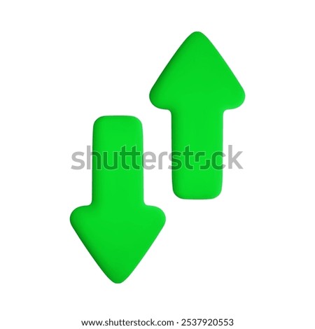 Vector cartoon 3d vertical oncoming arrows. Cute realistic render of green up and down arrow different opposite direction. Input output process symbol, business or road sign, infographic element.