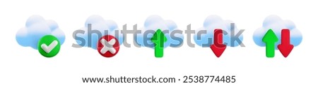 Vector cartoon 3d cloud computing icon set. Realistic cloud, upload download arrows, green yes checkmark and red cross x sign. Digital online cloud technology, data transfer, server storage concept.