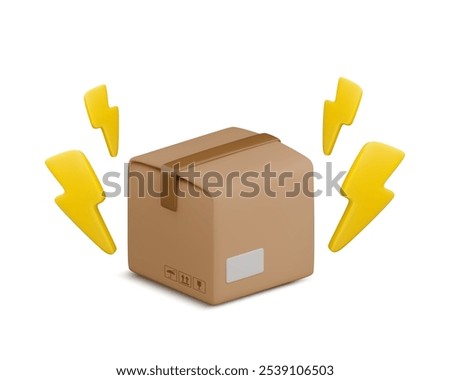 Vector cartoon 3d closed carton box with flash signs. Cute realistic 3d render cardboard package and lightning bolt. Flash sale, fast parcel delivery service concept, quick logistic, mail shipping.