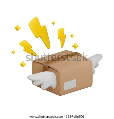 Vector cartoon 3d cardboard box with wings and flashes. Realistic 3d render flying package, lightning bolts and sparkles. Flash parcel delivery service, quick order logistic, express cargo shipping.